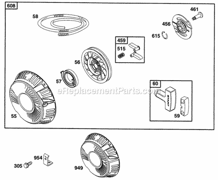 Rewind Starter Assy Diagram and Parts List for 290447-0041-01  Briggs and Stratton Engine